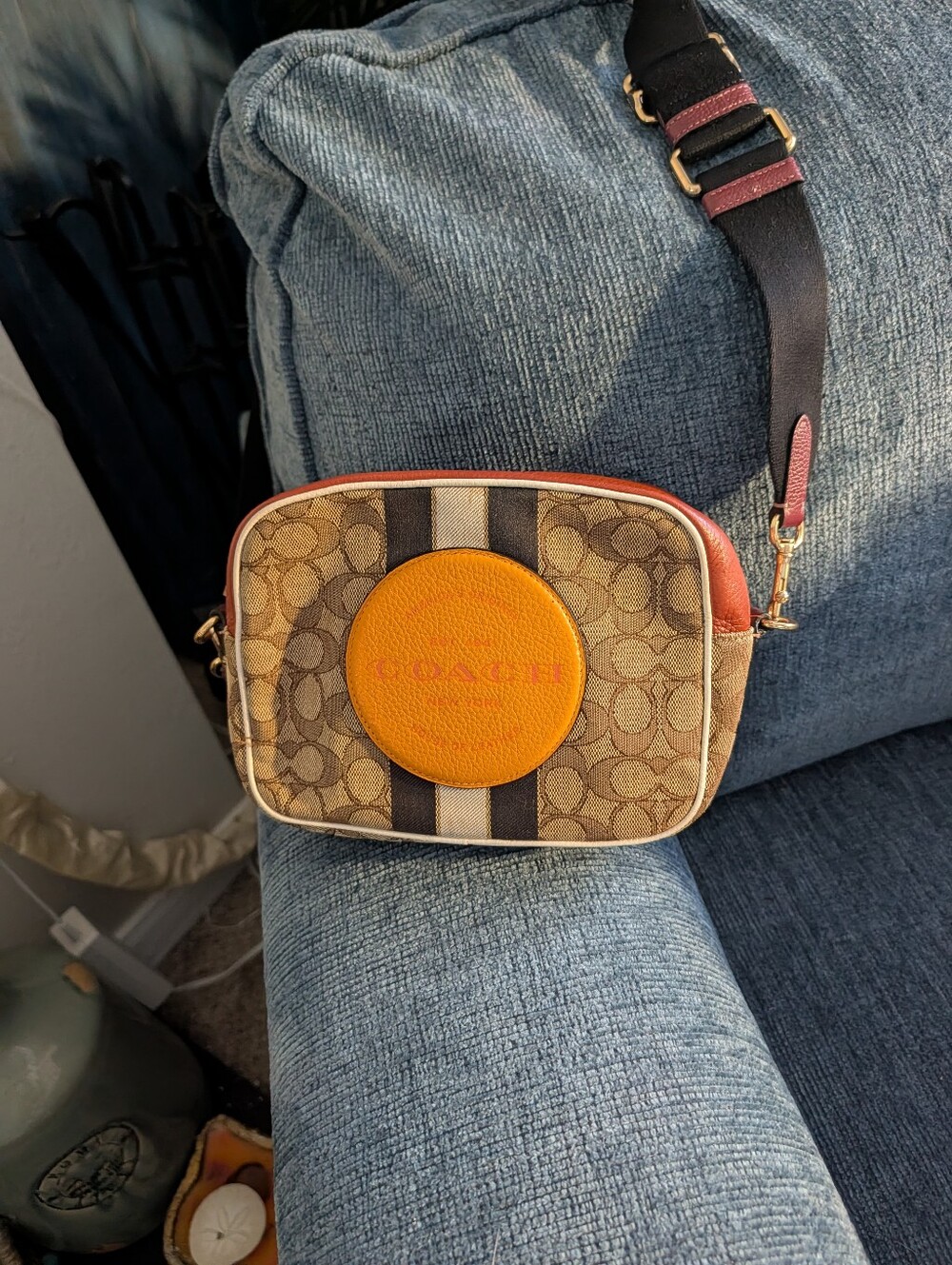 Coach Brown Signature Camera Bag with Orange Patch and Black Strap